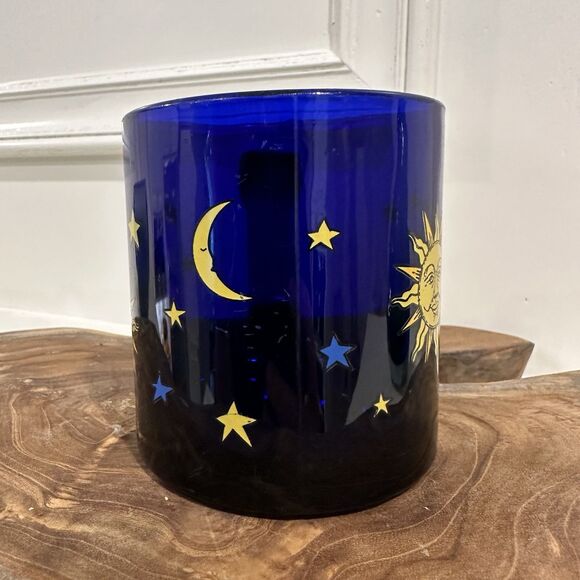 SOLD  Libbey Cobalt Blue Glass 12oz Coffee Mug Celestial Sun Moon Stars Friends - Picture 8 of 8